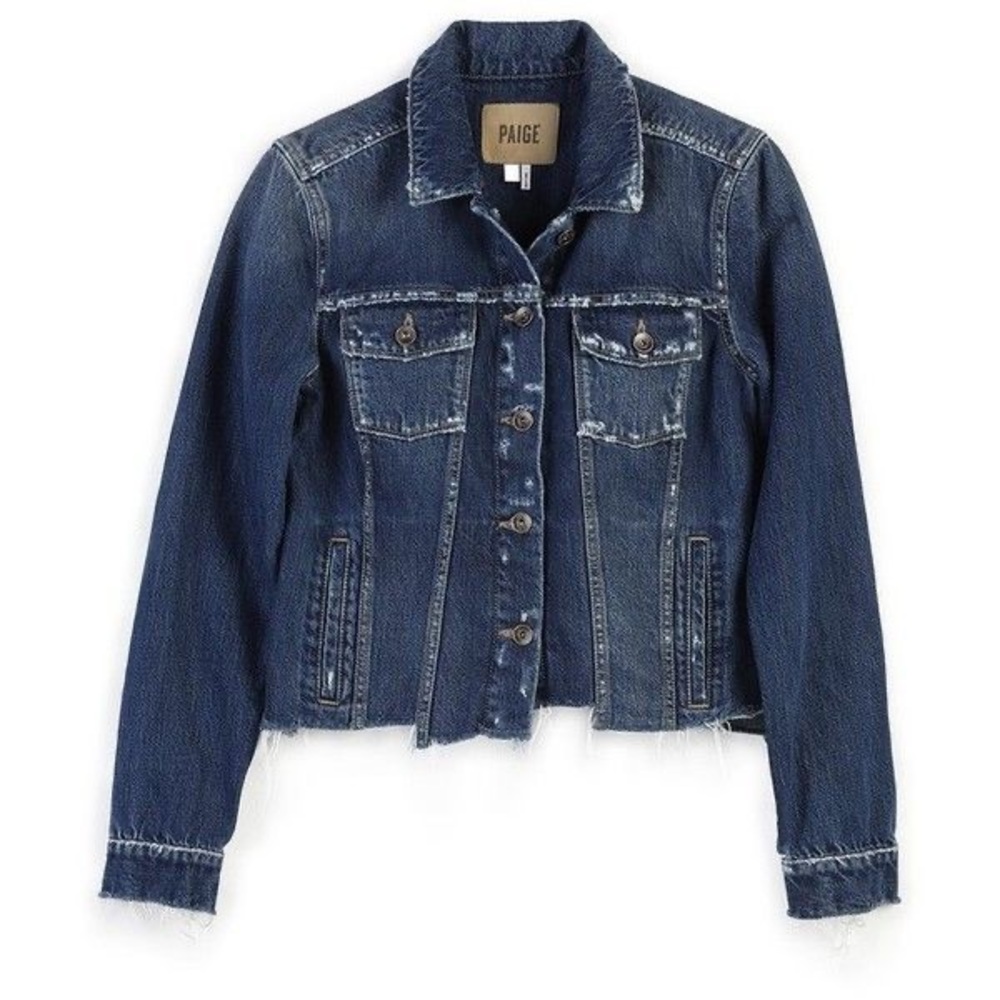 PAIGE Dark Blue Distressed Denim Jacket